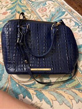 Brahmin Navy Croc-Embossed Satchel with Gold Hardware